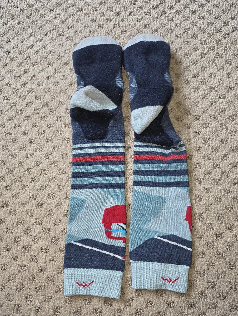 Darn Tough Over The Calf Kids' Light Blue & Navy Crew Socks with Red Accent